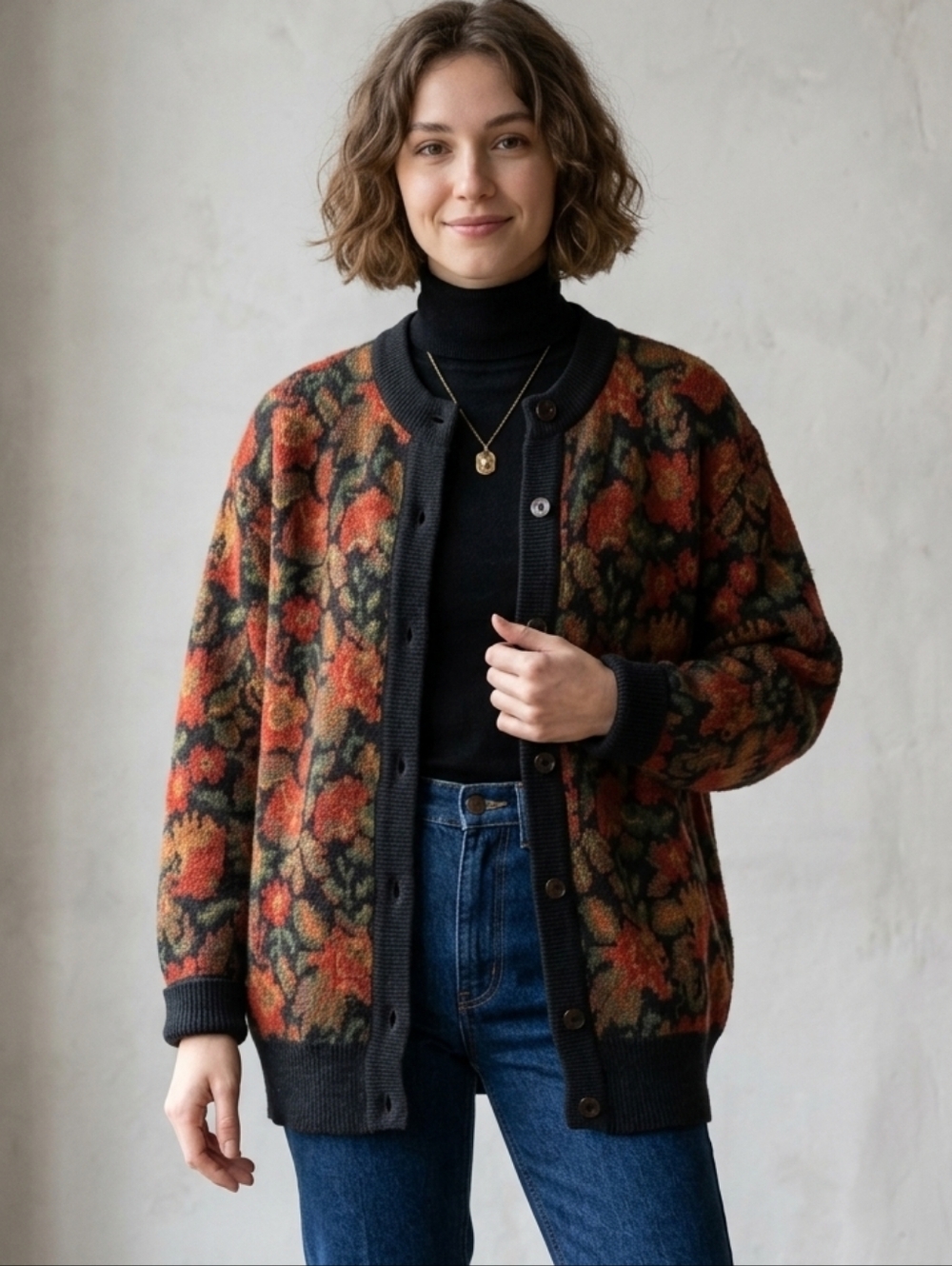 La Dame Australia Multi-Color Knit Cardigan Sweater sz L Wool Blend Dark Floral